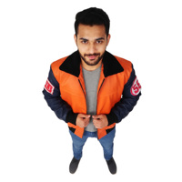 Veste universitaire d'hiver unisexe coupe-vent en cuir véritable noir et orange avec patch chenille personnalisé KVJ114