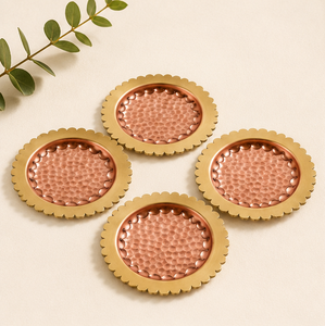 Set 4 Hammered Copper Brass Coasters Scalloped <b>Edge</b> Modern Eco-friendly Durable Handmade Luxury Decorative Tabletop Protection - Product Image 1