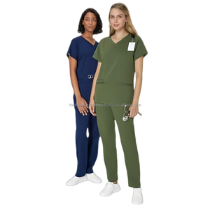 Unisex Olive Green Cotton Knitted V Neck <b>Scrub</b> <b>Top</b> with Front Pockets and Stethoscope Loop for Hospital Use - Product Image 5