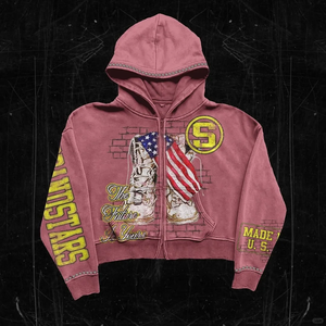 Manufacturer OEM Distressed <b>Washed</b> Thick Cotton Hoodie Mens Vintage Sunfaded Streetwear with Custom Print and Rhinestone - Product Image 6