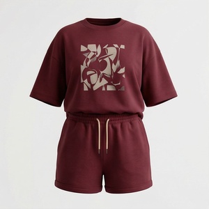 Women's 2 Piece Set <b>Maroon</b> Short Sleeve T Shirt and Above Knee Shorts Casual Loose Fit Geometric Print Foil Design Spring Summer - Product Image 2