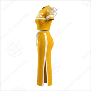Conjunto de Dos Piezas para Mujer Philo, Vestido Midi Ajustado Color Amarillo Mostaza, Manga Corta, Cuello Redondo, Cintura Alta con Cordón, Ropa Casual - Product Image 3