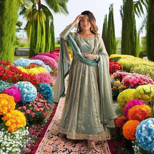 Vestido estilo Anarkali de seda de diseñador Fandy con dupatta y pantalón - Product Image 4