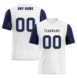 Camiseta de Fútbol Americano Personalizada, Blanca y Azul Marino, Cuello en V, Manga Corta, Impresión Sublimada, Absorbe la Humedad, Unisex, para Adultos, con Nombre y Número del Equipo - Product Image 1