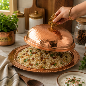 Plateau de service en cuivre pur martelé fait main avec couvercle en dôme, cloche de luxe pour aliments, idéal pour les buffets d'hôtel, la restauration, les restaurants OEM - Product Image 4