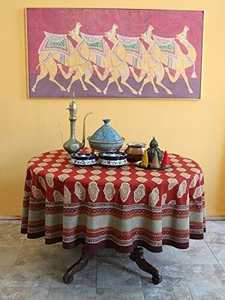 Round Cotton <b>Tablecloth</b> with Floral Pattern <b>Red</b> Brown Modern Handmade Customized Washable Party Use - Product Image 1