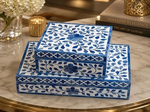 Handmade Modern Blue Bone Inlay Box Floral Pattern Rectangular Best Women Gift Novelty Jewelry Organizer Keepsake <b>Storage</b> Boxe - Product Image 1