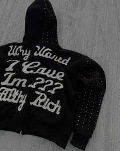 เสื้อสเวตเตอร์ผ้าเฟรนช์เทอร์รี่หนาแบบ500GSM กำหนดเองเสื้อกันหนาวปักลายซิปเต็มเสื้อแจ็คเก็ตมีฮู้ดประดับพลอยเทียม - Product Image 2