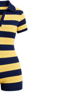 Combinaison en tricot rayée bleu marine et jaune citron pour femme, manches courtes, col polo, été, décontractée, une pièce, coupe ajustée, personnalisée - Product Image 4