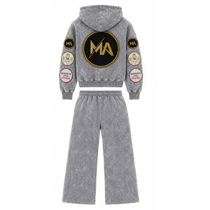 Conjunto Deportivo con Capucha para Hombre, Diseño Patchwork, 100% Algodón, 450 Gsm, Lavado Ácido, Sudadera Casual con Bolsillos y Cordón Ajustable - Product Image 3