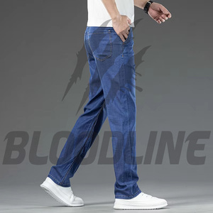 Jean droit uni pour homme Bloodline, taille mi-haute, coupe classique, en denim décontracté, coton respirant, idéal pour l'été, style hip-hop déchiré - Product Image 2