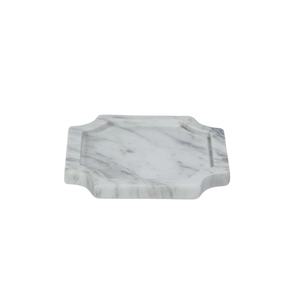 Élégant plateau décoratif en marbre blanc artisanal avec un design élégant à bords incurvés, plateau de courtoisie en pierre de luxe, plateau de service unique - Product Image 1