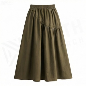 Jupe midi évasée pour femme, taille élastique, cordon de serrage, poches, couleur unie, style décontracté, vert olive, mélange polyester-coton - Product Image 2