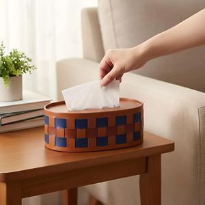 Porte-mouchoirs en similicuir à motif damier moderne, couleur beige et bleu, parfait pour la maison, le bureau et la table, fabriqué en Inde. - Product Image 3