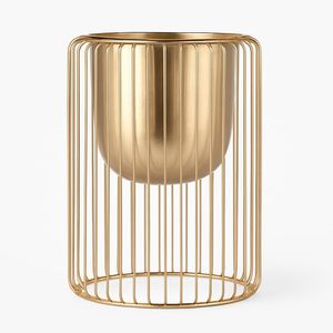 Macetero Moderno de Metal Dorado con Soporte de Jaula de Alambre Cilíndrico, Decorativo para Interiores y Exteriores - Product Image 1