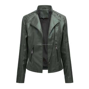 Forrest vert fermeture éclair Moto Biker Style ajusté matelassé point cuir femmes vestes avec dentelle Accents poches zippées automne élégant - Product Image 1