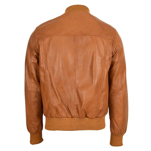Blouson aviateur en cuir marron pour homme, col montant, fermeture éclair, coupe décontractée, couleur unie, doublure en coton, idéal pour l'automne - Product Image 6