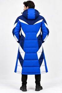 Abrigo Largo de Invierno Personalizado para Hombre con Capucha, Chaqueta Acolchada con Bloques de Color Azul y Blanco, Abrigo Cálido para Exteriores, Proveedor Mayorista - Product Image 2