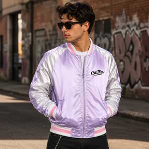 Blouson Bomber Homme Personnalisé en Satin Lavande à Col Montant, Logo Brodé sur le Devant, Fermeture Pull-Over, Style Streetwear Hiver Décontracté - Product Image 1