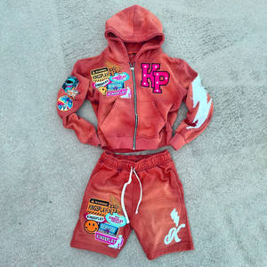 Ensemble de survêtement streetwear deux pièces pour homme, veste d'été et short, avec broderie effet usé et délavé soleil, sweat à capuche zippé - Product Image 5