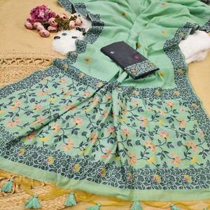 VASTRA COTTAGE Saree Jamdani de Algodón Chanderi Premium con Pallu de Tejido Resham, Borde Floral, Borlas Elegantes y Blusa en Contraste - Product Image 1