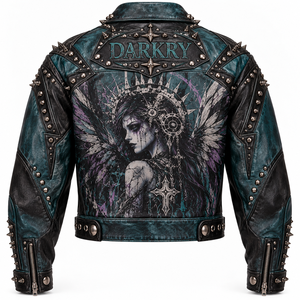 Dark Teal Leather <b>Jacket</b> <b>Womens</b> Gothic Angel Graphic Spike Stud Collar Zip Pocket Biker Coat Custom OEM ODM Offer Provider - Product Image 2