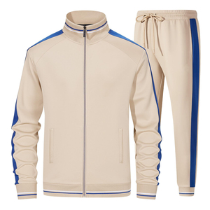 Veste de survêtement unisexe beige sportive avec rayures bleues, col montant, fermeture éclair, poids moyen, respirante, pour l'automne - Product Image 1