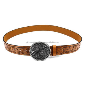 Great Craftmanship Retro Floral Embossed Western <b>leather</b> tooling <b>belt</b> for unisex with Designer Oval Shape rhinestone buckle - Product Image 6