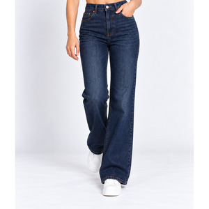 Jean en denim taille haute à jambe large pour femme avec passants de ceinture croisés au dos, indigo foncé - Product Image 5
