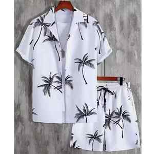 เสื้อเชิ้ตแขนสั้นพิมพ์ลายต้นปาล์มสีดำสำหรับผู้ชายและกางเกงขาสั้นเอวยางยืดชุดน้ำหนักเบาระบายอากาศได้ดีสวมใส่สบายในฤดูร้อน - Product Image 3