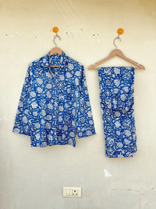 Ensemble de pyjama floral tournesol bleu pour femmes nouveau costume de nuit en mousseline de soie de style indien en coton sauge pour l'été et le printemps - Product Image 4