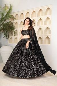 Conjunto de Lehenga Choli Negro Bordado con Dupatta, Traje Tradicional Indio Pakistaní para Mujer, Vestido Largo de Poliéster para Boda - Product Image 2