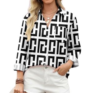 Custom Women Polyester Chiffon Geometric Black <b>White</b> Long Sleeve Work Shirt with Button Front Office Blouse - Product Image 3