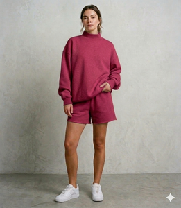 Signature Women <b>Mock</b> <b>Neck</b> <b>Top</b> With Shorts Set Relaxed Energy Casual Fashion Clothing Wear Style - Product Image 1