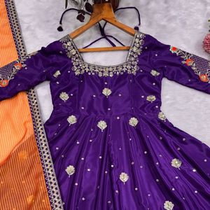Royal Heavy Silk Zari <b>Sequins</b> Embroidered Gown <b>Pant</b> Set With Organza Dupatta featuring exquisite Zari Embroidery - Product Image 4
