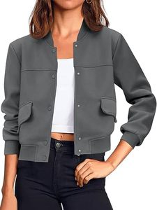 Chaqueta Bomber Gris para Mujer, Manga Larga, Cuello Alto, Cierre de Botones, Bolsillos con Parches, Ropa Casual de Otoño - Product Image 1