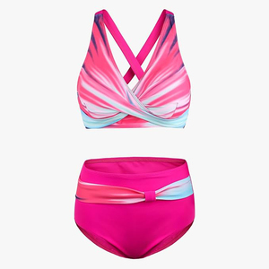 Conjunto de bikini de color degradado para mujer, top push-up con cuello halter cruzado, parte inferior de cintura alta, traje de baño elástico con diseño retorcido - Product Image 3