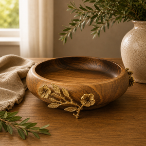 Luxury Handcrafted <b>Mango</b> <b>Wood</b> Serving <b>Bowl</b> Gold Rim Elegant Brass Floral Handle Artisan Fruit Salad <b>Bowl</b> for Home Use - Product Image 4