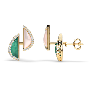Boucles d'oreilles clous en diamant de laboratoire de qualité supérieure, or 10K 14K 18K, géométriques demi-lune, pierres précieuses vertes et roses, bijoux élégants et modernes - Product Image 6