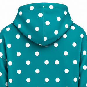 Sweat à capuche décontracté pour femme, personnalisé, blanc et bleu sarcelle à pois, en molleton, avec cordon de serrage, manches longues et poche kangourou avant - Product Image 4