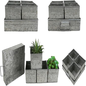 Set of 4 Shabby Chic <b>Small</b> Vintage <b>Vase</b> Farmhouse Flower Planter, Rustic Galvanized Metal Pots with Metal Tray Planter - Product Image 1