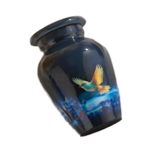 Urne funéraire en laiton gravée avec un oiseau bleu foncé - Product Image 1