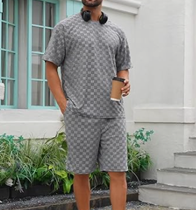 Conjunto de 2 Piezas para Hombre, Estilo Casual de Verano, Camisa de Manga Corta y Pantalones Cortos de Terciopelo con Textura Geométrica - Product Image 5