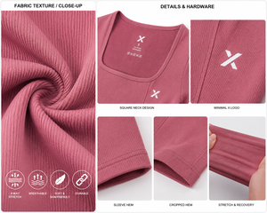 เสื้อครอปแขนยาวคอเหลี่ยมสำหรับผู้หญิง X Sports City ผ้าสแปนเด็กซ์ โลโก้สีพื้น ผ้าถัก สวมใส่สบาย ระบายอากาศได้ดี น้ำหนักเบา - Product Image 5