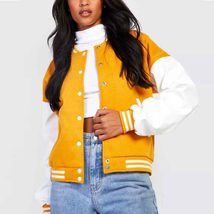 Chaqueta Varsity Colorblock Amarillo y Blanco para Mujer, Casual, Manga Corta, Cierre de Botones, Mezcla de Algodón y Poliéster, Estilo Urbano Otoñal - Product Image 5