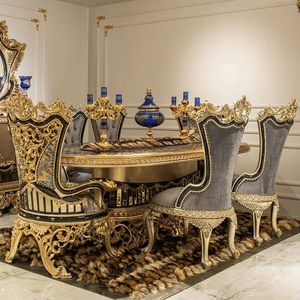 Mesa de Comedor Ovalada Europea con Tapa de Vidrio Templado, Madera Tallada a Mano, Estilo Antiguo, Juego de Muebles de Palacio Real para Comedor en Casa - Product Image 3