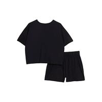 Ensemble 2 pièces en coton pour femme, noir uni, col rond, coupe ample, décontracté, pour l'été, haut tricoté respirant et short au-dessus du genou