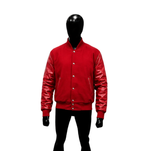 CLASSIC <b>RED</b> SNAP BUTTON Varsity Jacket PU Leather Sleeves Casual Turn-down Collar Regular Fit Solid Color Button Closure Autumn - Product Image 1