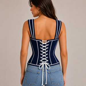 Women's Navy Blue Satin Overbust <b>Corset</b> with Lace-Up Back Firm Control White Piping Front Busk Closure - Product Image 3