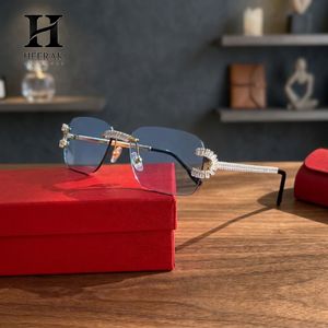 Luxury Rimless Rectangle <b>Sunglasses</b> Men Women Full Diamond Baguette Iced Out Temples Gradient <b>Blue</b> <b>Lens</b> Eyewear - Product Image 2